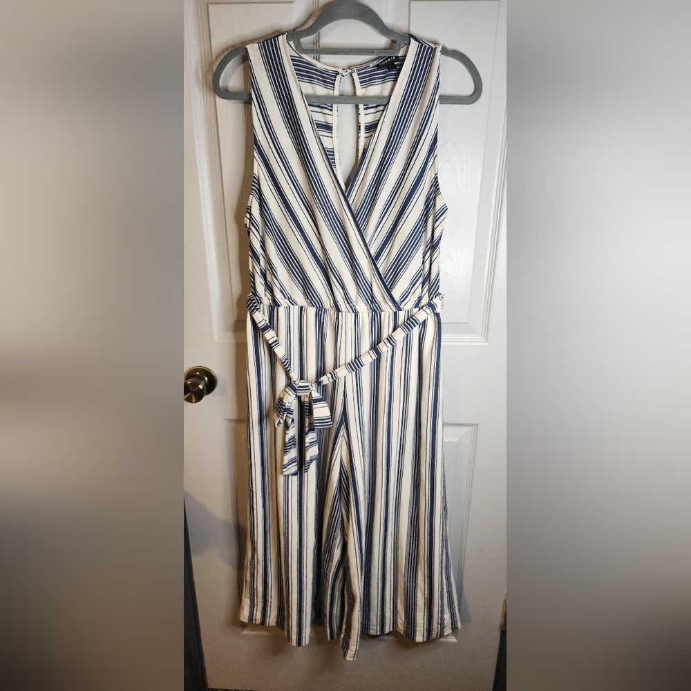 Torrid Blue and White Jumpsuit with Wrap Bodice